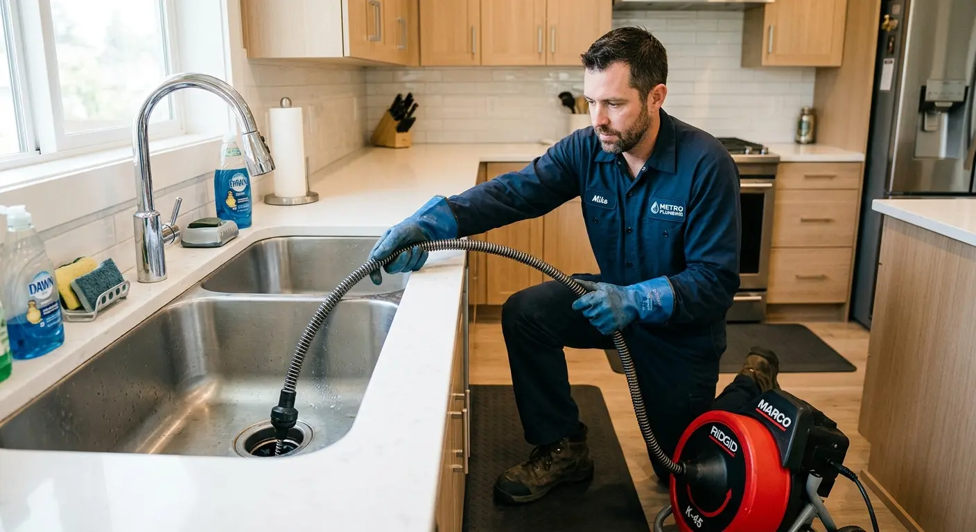 Drain cleaning technician using a motorized snake on a kitchen sink in Shawano